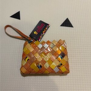 Candy wrapper by nahui ollin Orange Yellow Wristlet Pouch with leather straps